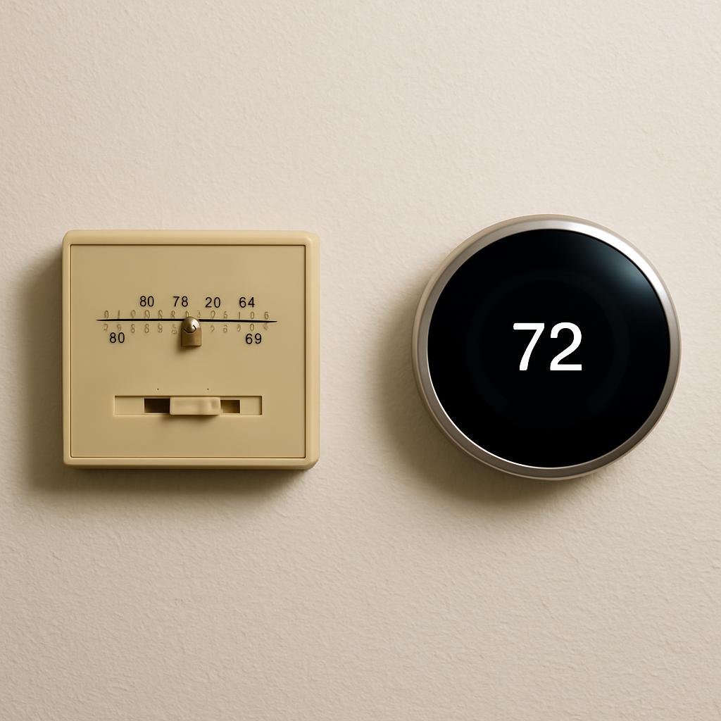 A thermostat is displayed on a white wall, featuring a beige wall thermostat with a temperature dial and a silver and blac...